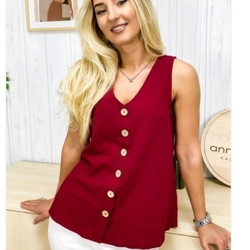 Anna-Kaci Button Front Sleeveless Boho Tank Top Red Womens Size M